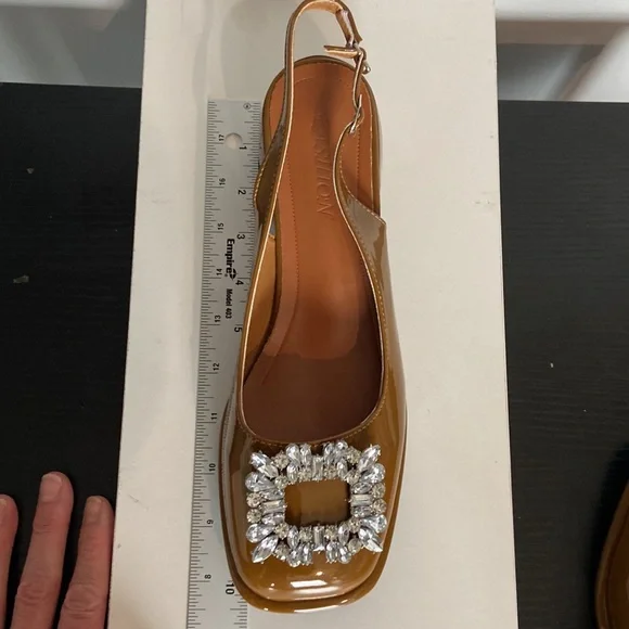 fashion shoes Brown patent leather Flat Size 10/41 NWT sling back fasten Gems - Picture 8 of 8